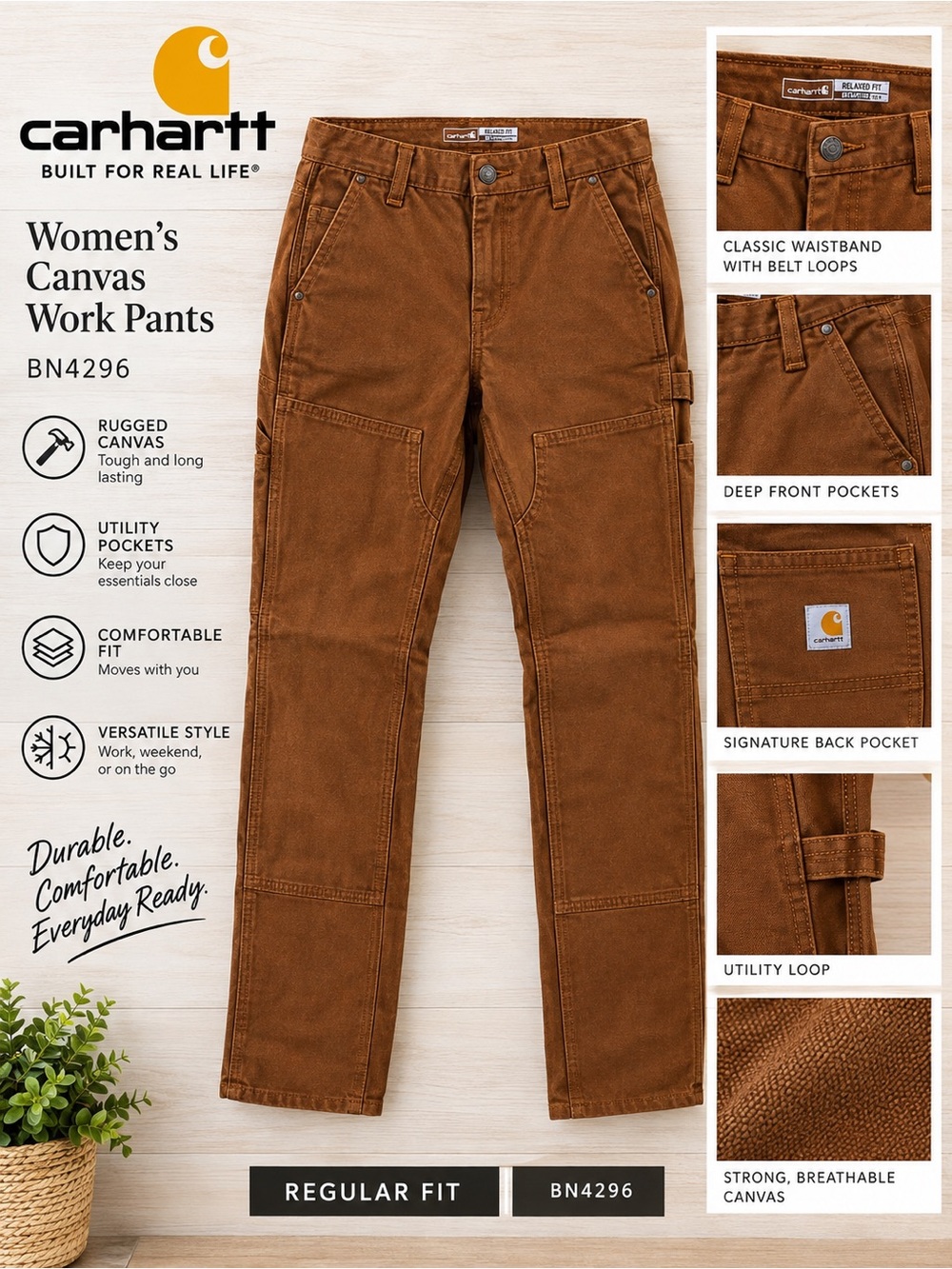 Carhartt Women's 6 Regular Rugged Flex Relax Fit Double Front Work Pant BN4296-W